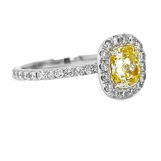 Natural Mined Fancy Yellow Diamond Halo Bridal Ring White Gold GIA