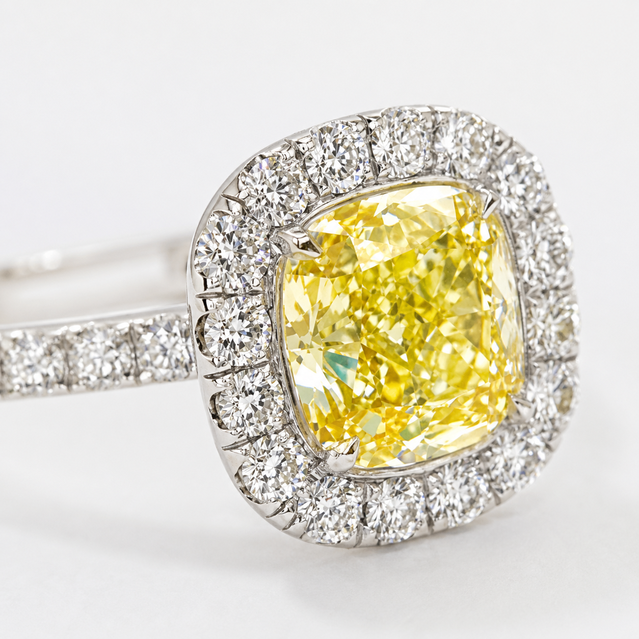 Natural Fancy Yellow Diamond Halo Bridal Ring 18KT White Gold