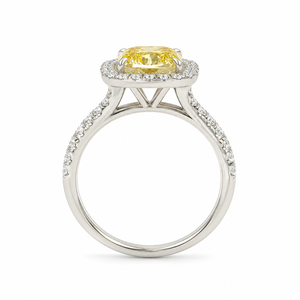 Natural Fancy Yellow Diamond Halo Bridal Ring 18KT White Gold