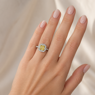 Natural Fancy Yellow Diamond Halo Bridal Ring 18KT White Gold