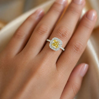 Natural Fancy Yellow Diamond Halo Bridal Ring 18KT White Gold