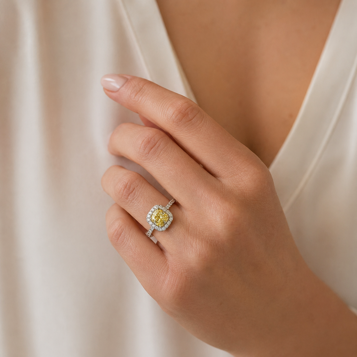 Natural Fancy Yellow Diamond Halo Bridal Ring 18KT White Gold