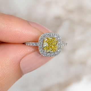 Natural Fancy Yellow Diamond Halo Bridal Ring 18KT White Gold