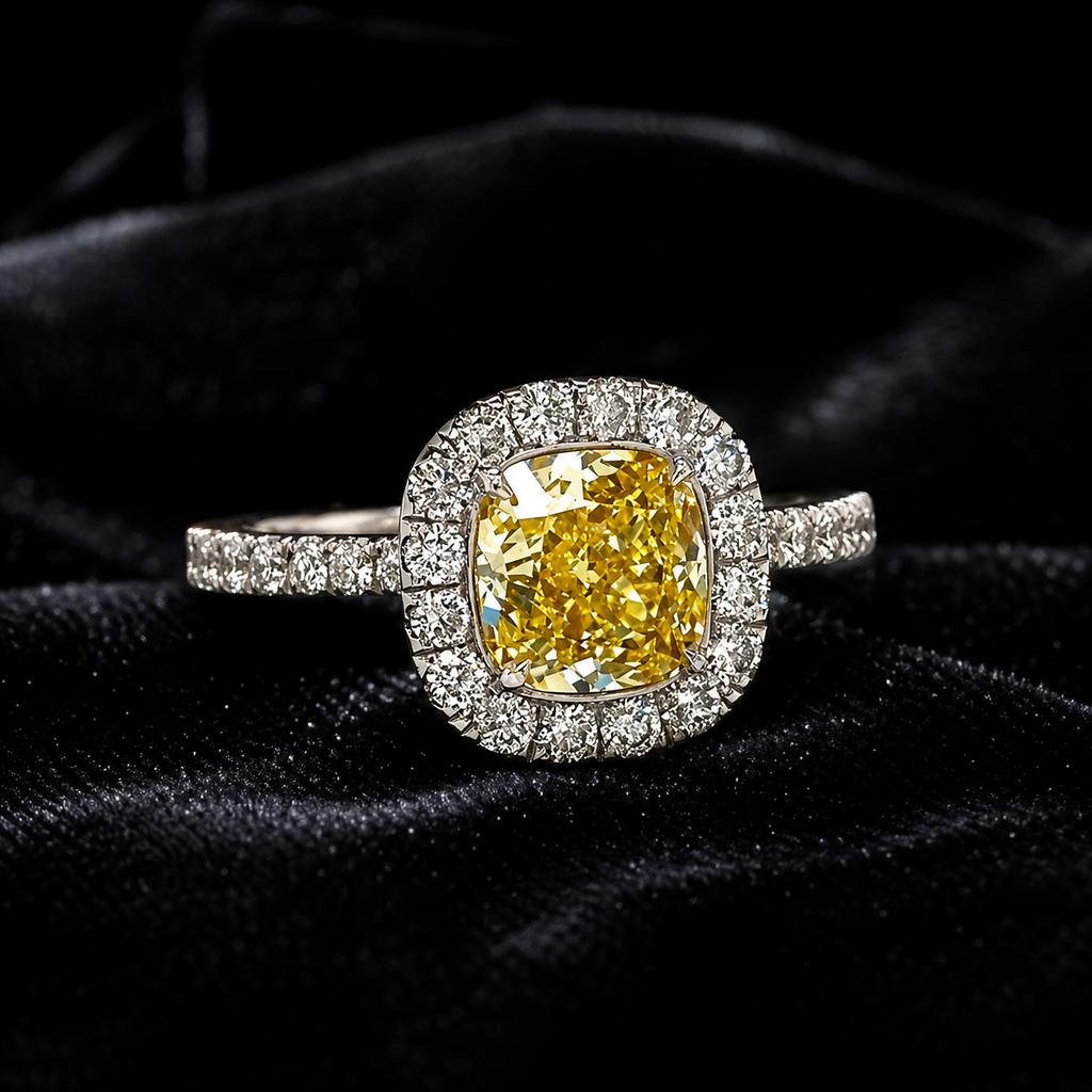 Natural Fancy Yellow Diamond Halo Bridal Ring 18KT White Gold