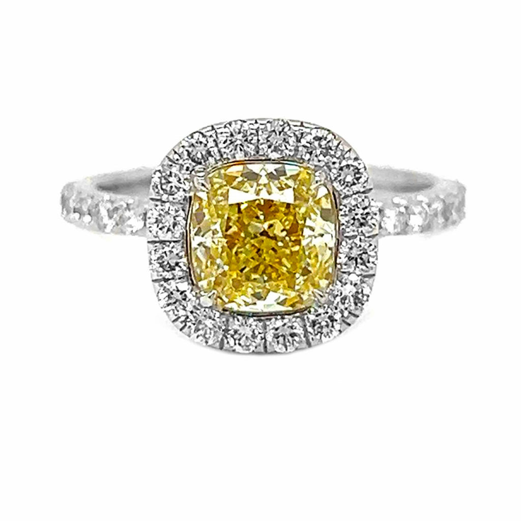 Natural Fancy Yellow Diamond Halo Bridal Ring, in White Gold