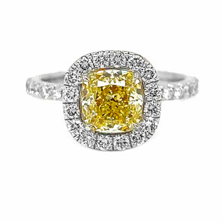 Natural Mined Fancy Yellow Diamond Halo Bridal Ring White Gold GIA