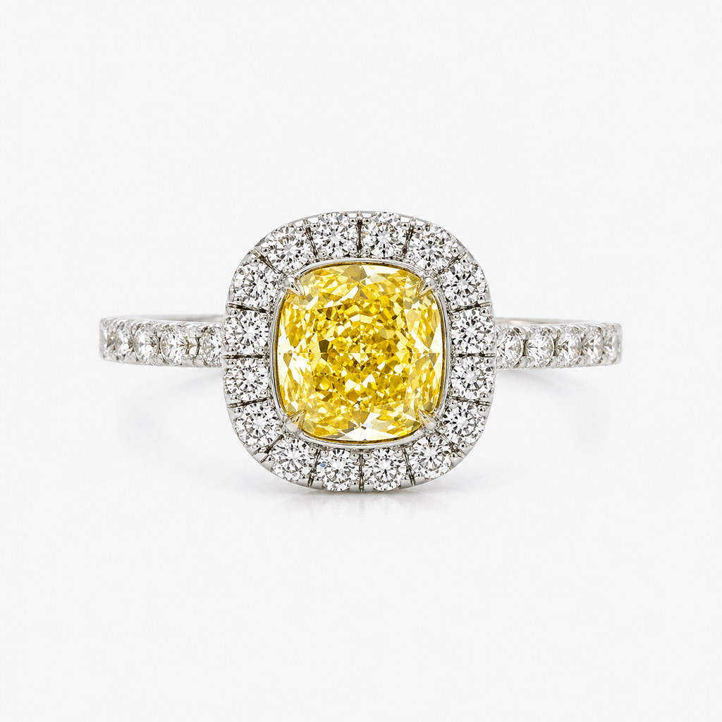 Natural Fancy Yellow Diamond Halo Bridal Ring 18KT White Gold