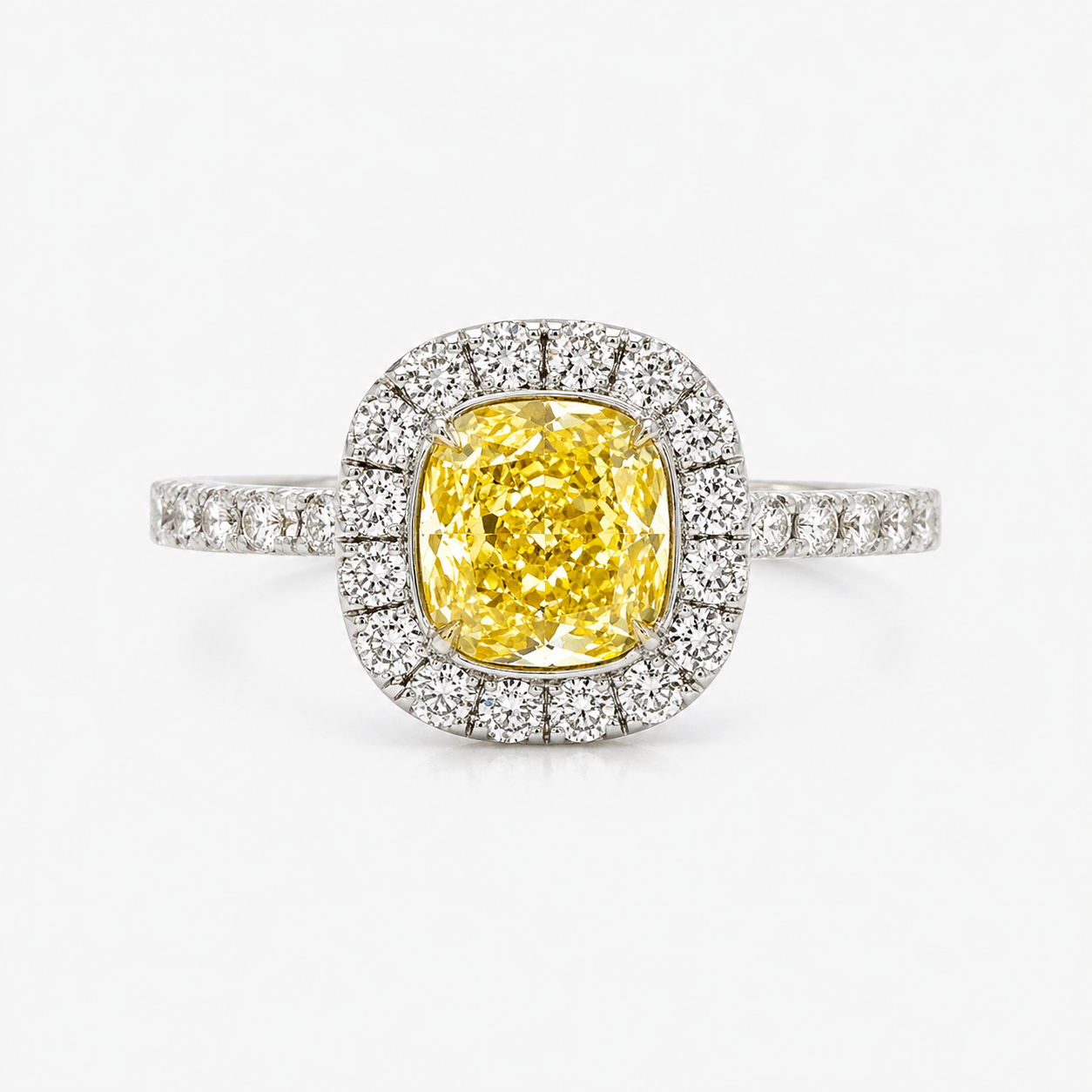 Natural Fancy Yellow Diamond Halo Bridal Ring 18KT White Gold