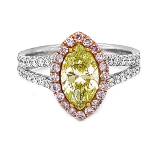 Natural Mined Fancy Color Green-Yellow with Pink Diamond Halo Bridal Ring White Gold GIA