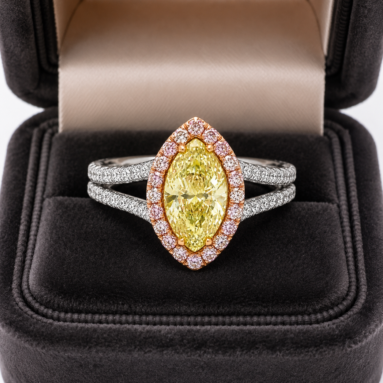 Natural Fancy Color Green-Yellow with Pink Diamond Halo Bridal Ring 18KT White Gold
