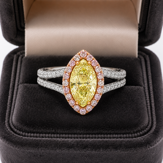 Natural Fancy Color Green-Yellow with Pink Diamond Halo Bridal Ring 18KT White Gold
