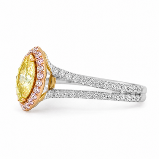 Natural Fancy Color Green-Yellow with Pink Diamond Halo Bridal Ring 18KT White Gold