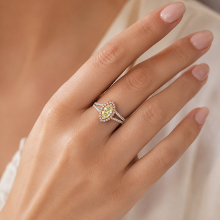 Natural Fancy Color Green-Yellow with Pink Diamond Halo Bridal Ring 18KT White Gold