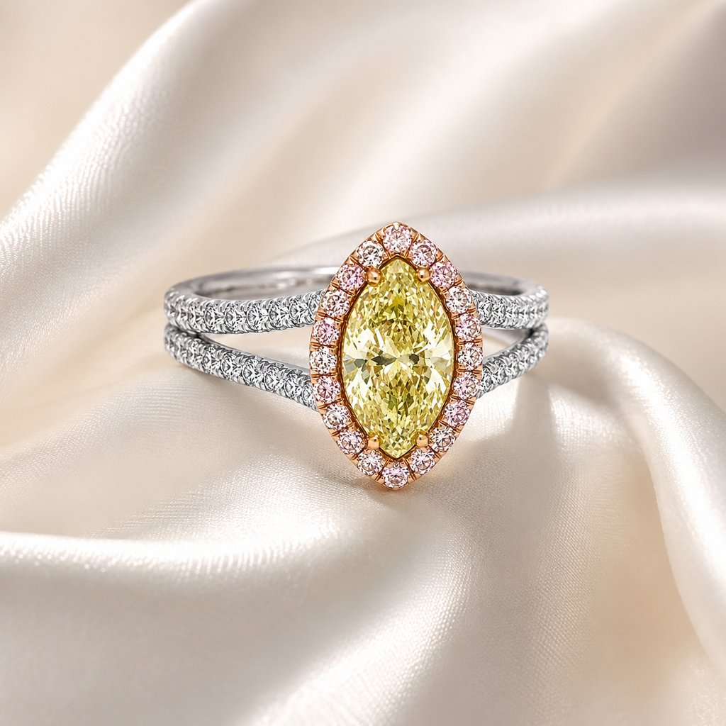 Natural Fancy Color Green-Yellow with Pink Diamond Halo Bridal Ring 18KT White Gold