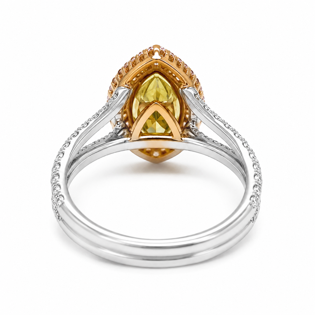 Natural Fancy Color Green-Yellow with Pink Diamond Halo Bridal Ring 18KT White Gold