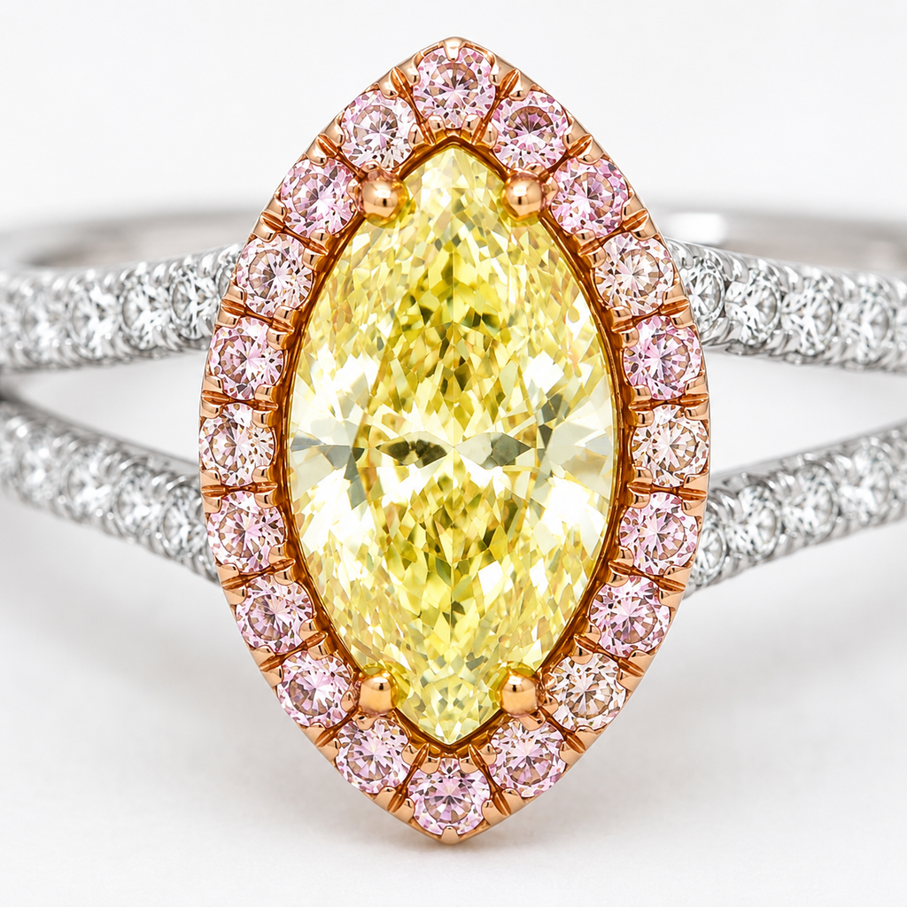 Natural Fancy Color Green-Yellow with Pink Diamond Halo Bridal Ring 18KT White Gold