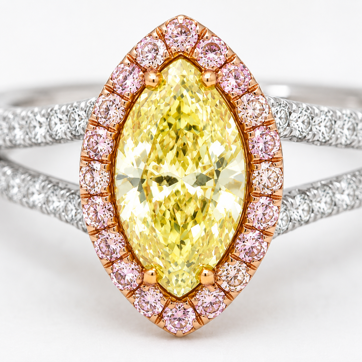 Natural Fancy Color Green-Yellow with Pink Diamond Halo Bridal Ring 18KT White Gold