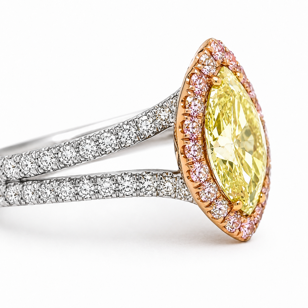Natural Fancy Color Green-Yellow with Pink Diamond Halo Bridal Ring 18KT White Gold