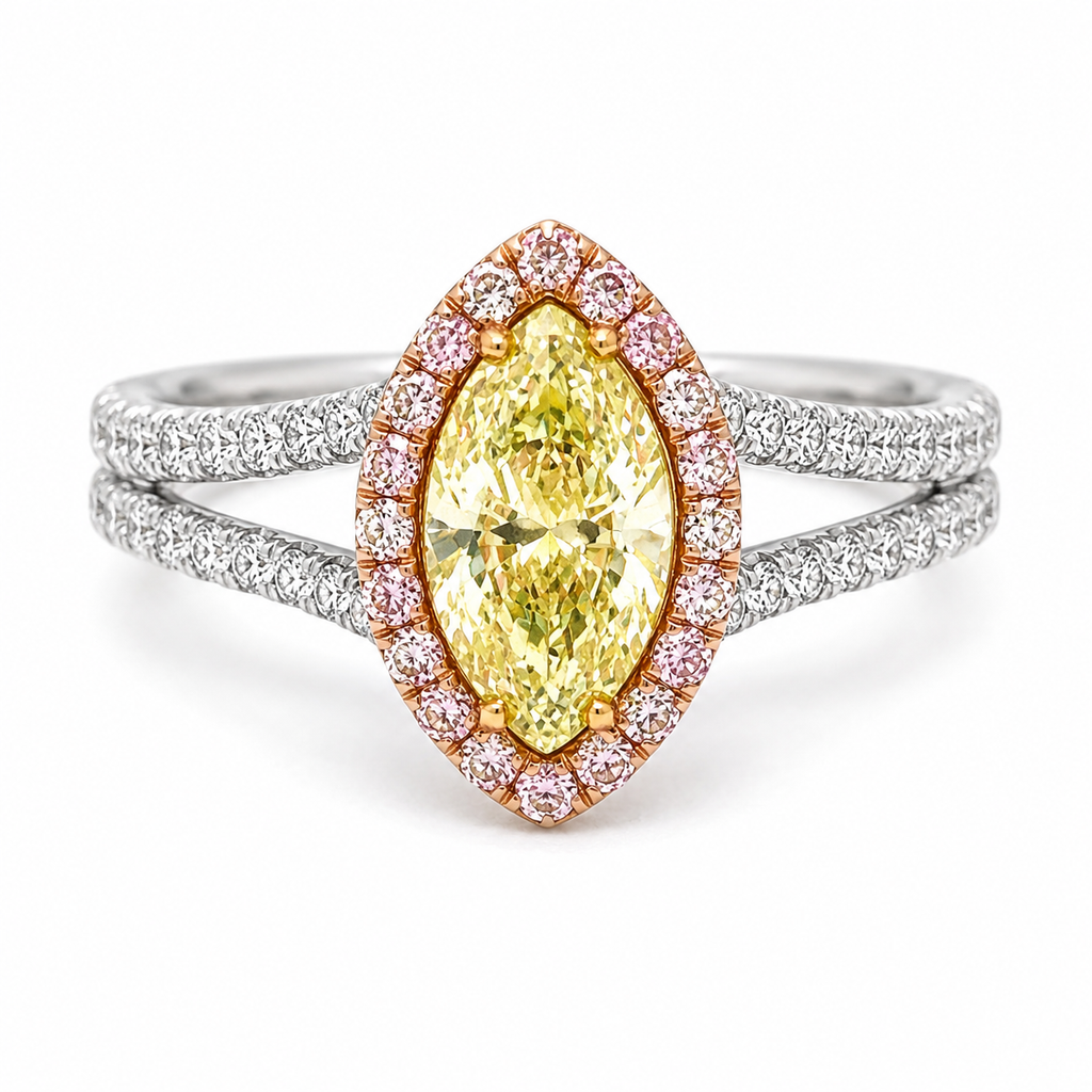 Natural Fancy Color Green-Yellow with Pink Diamond Halo Bridal Ring 18KT White Gold