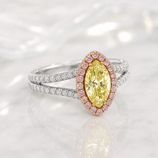 Natural Fancy Color Green-Yellow with Pink Diamond Halo Bridal Ring 18KT White Gold