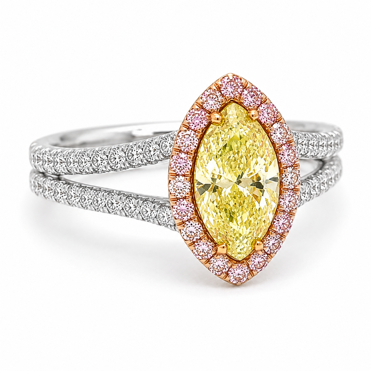Natural Fancy Color Green-Yellow with Pink Diamond Halo Bridal Ring 18KT White Gold