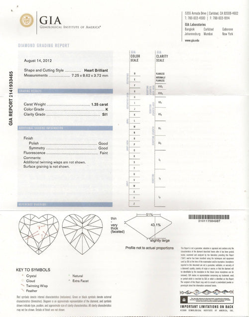 1.35 ct Diamond Heart Shaped K SI1 (GIA) 2141933465