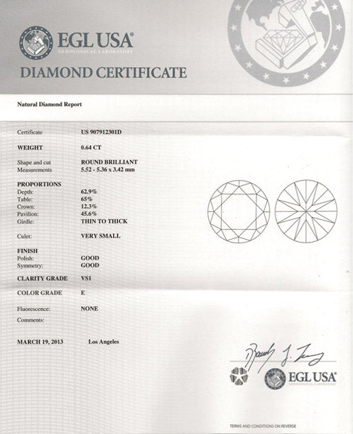0.64 ct Diamond Round Cut E VS1 (EGLUSA) US 907912301D