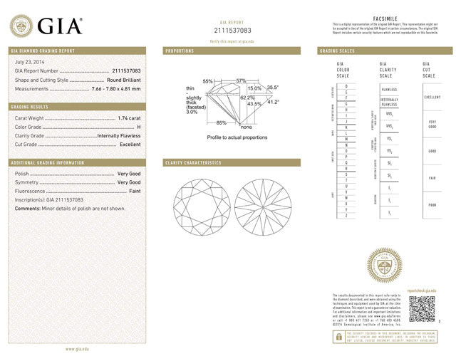 1.74 ct Diamond Round Cut H IF (GIA) 2111537083