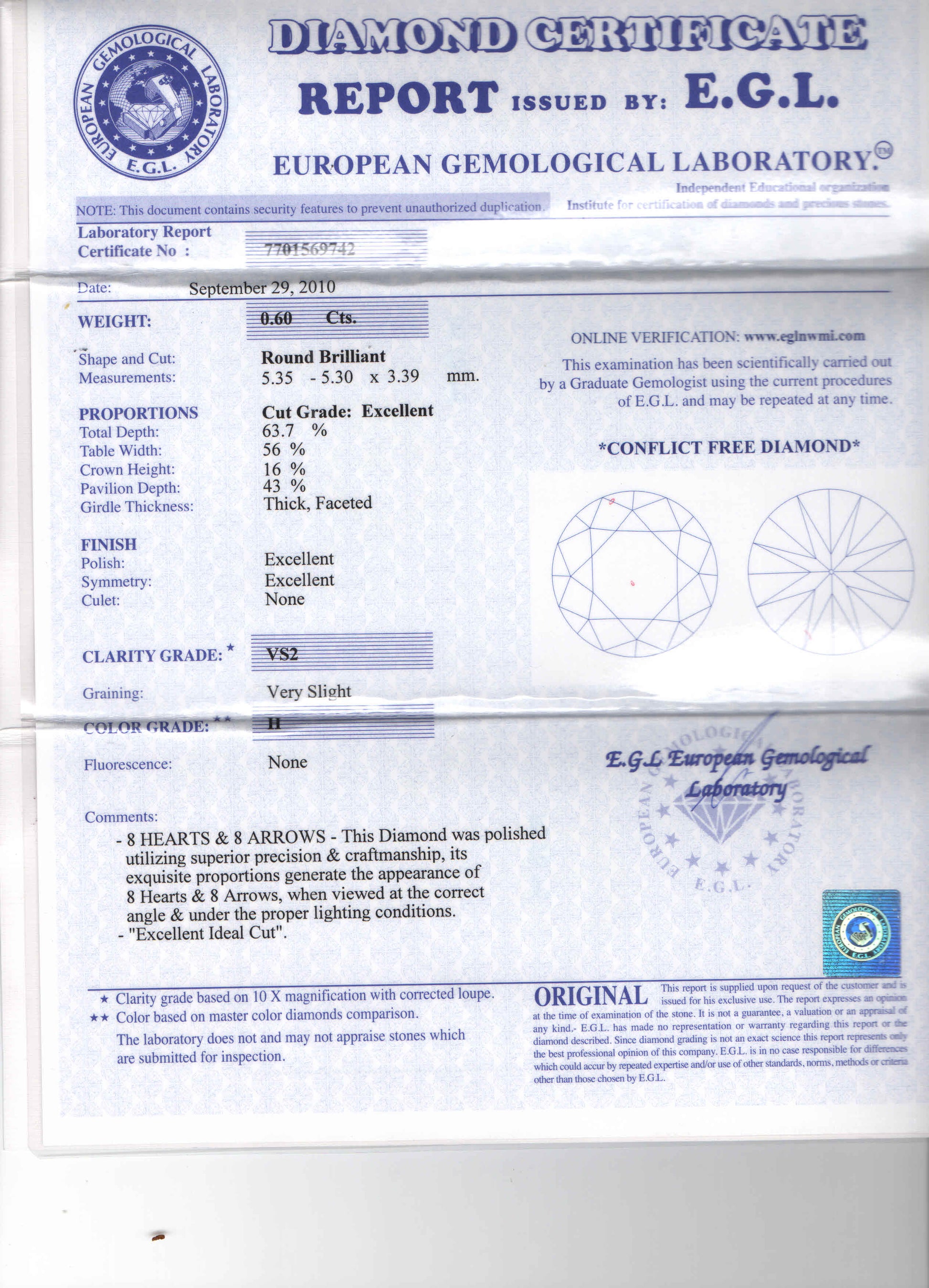 0.6 ct Diamond Round Cut H VS2 (EGL Israel) 7701569742