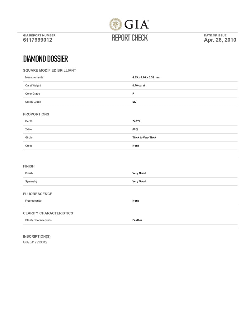 0.7 ct Diamond PR F SI2 (GIA) 6117999012