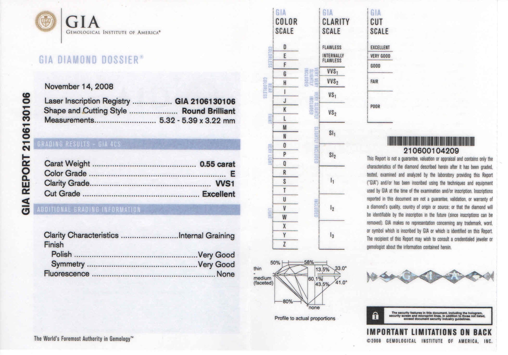 0.55 ct Diamond Round Cut E VVS1 (GIA) 2106130106