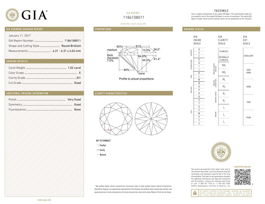 1.02 ct Diamond Round Cut E SI1 (GIA) 1186108011