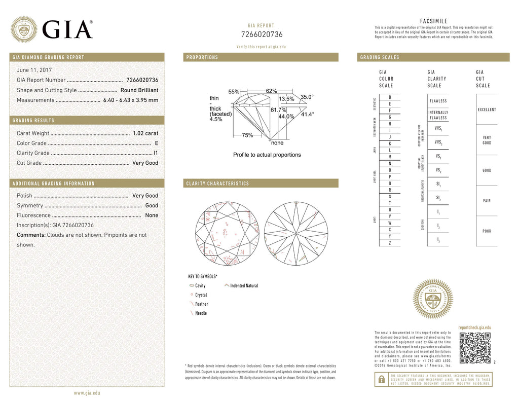 1.02 ct Diamond Round Cut E I1 (GIA) 7266020736