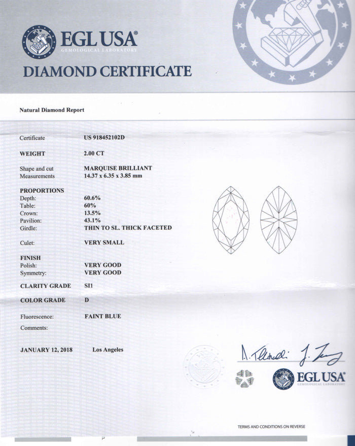 2.0 ct Diamond Marquise Cut D SI1 (EGLUSA) US918452102D