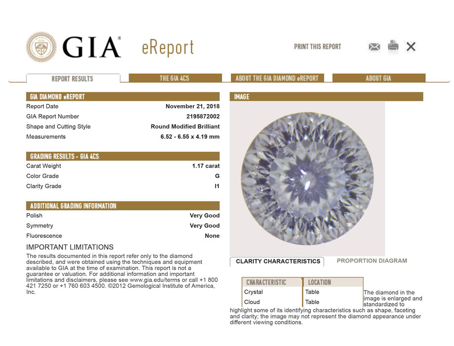 1.17 ct Diamond Round Cut G I1 (GIA) 2195872002