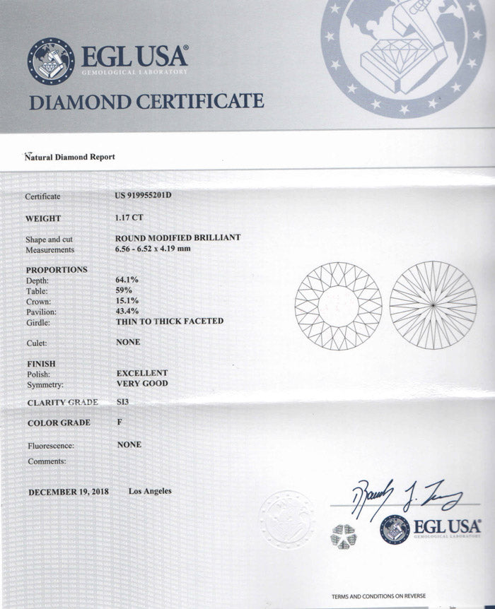 1.17 ct Diamond Round Cut F SI3 (EGLUSA) US 919955201D