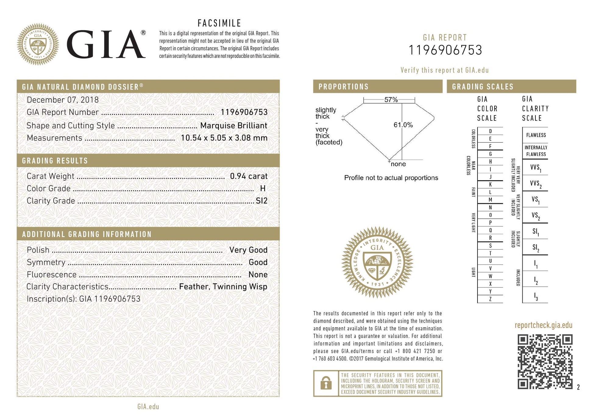 0.94 ct Diamond Marquise Cut H SI2 (GIA) 1196906753