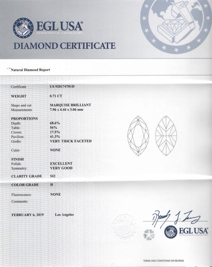 0.71 ct Diamond Marquise Cut H SI2 (EGLUSA) US 920174701D
