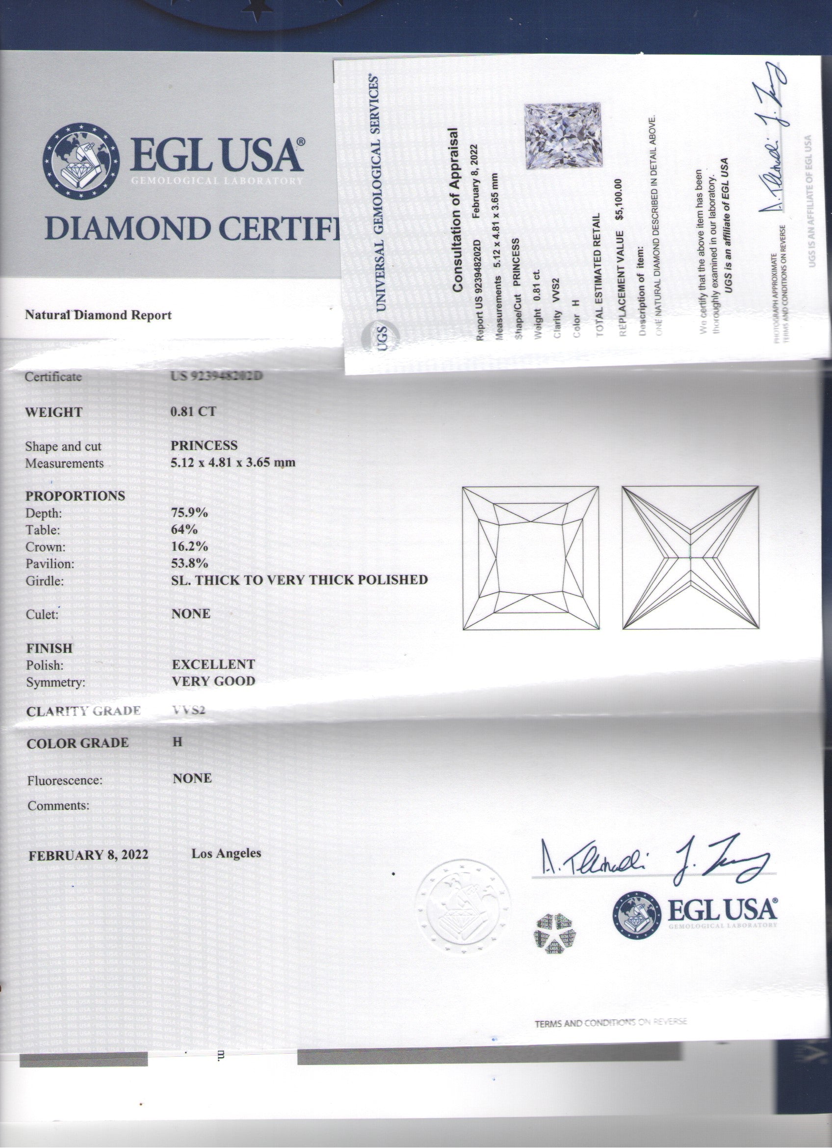 0.81 ct Diamond PR H VVS2 (EGLUSA) US 923948202D