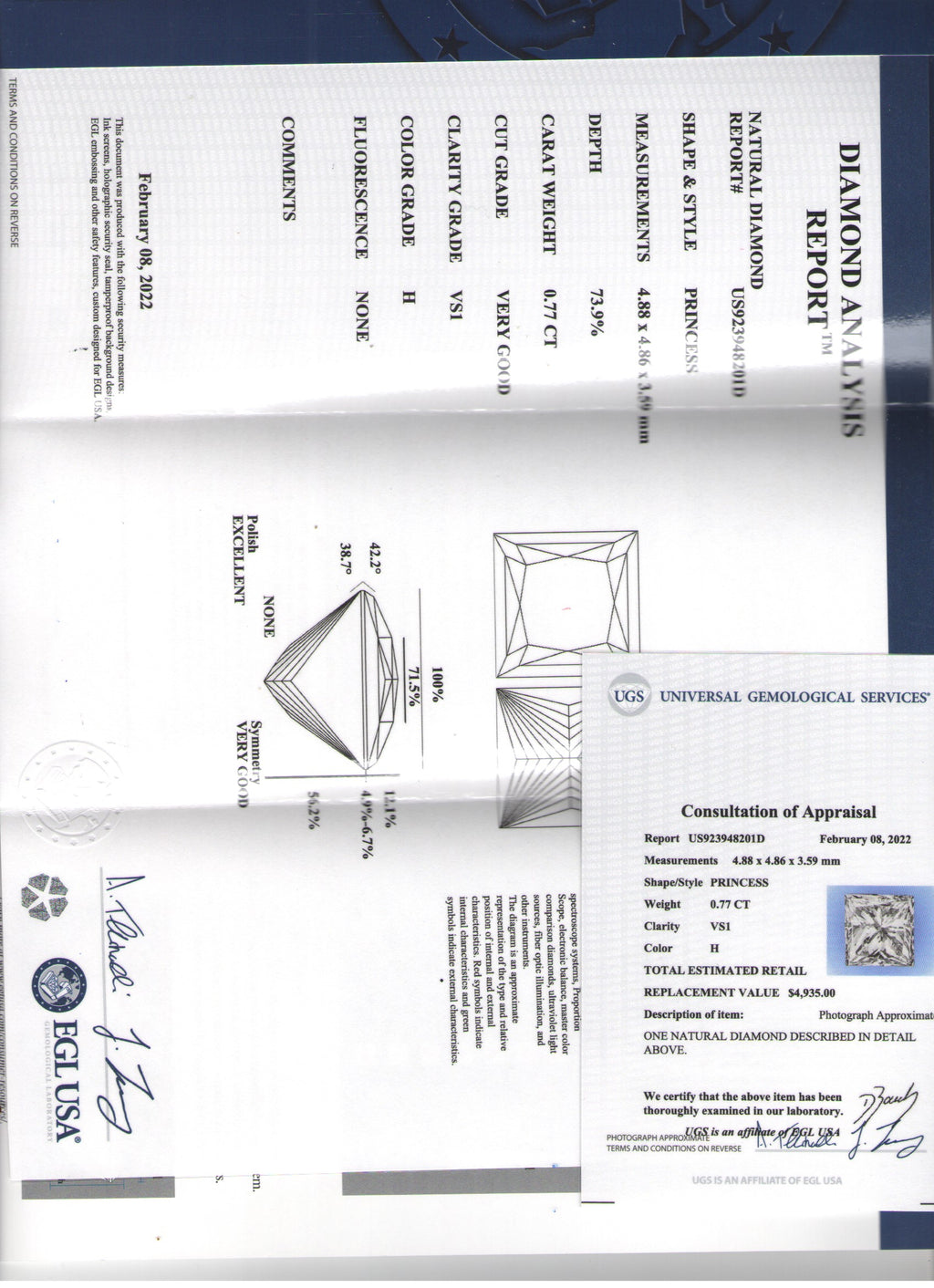 0.77 ct Diamond PR H VS1 (EGLUSA) US 923948201D