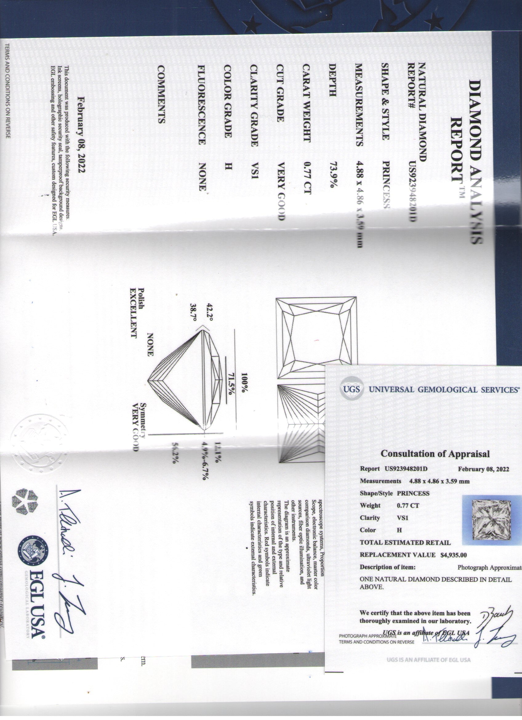 0.77 ct Diamond PR H VS1 (EGLUSA) US 923948201D