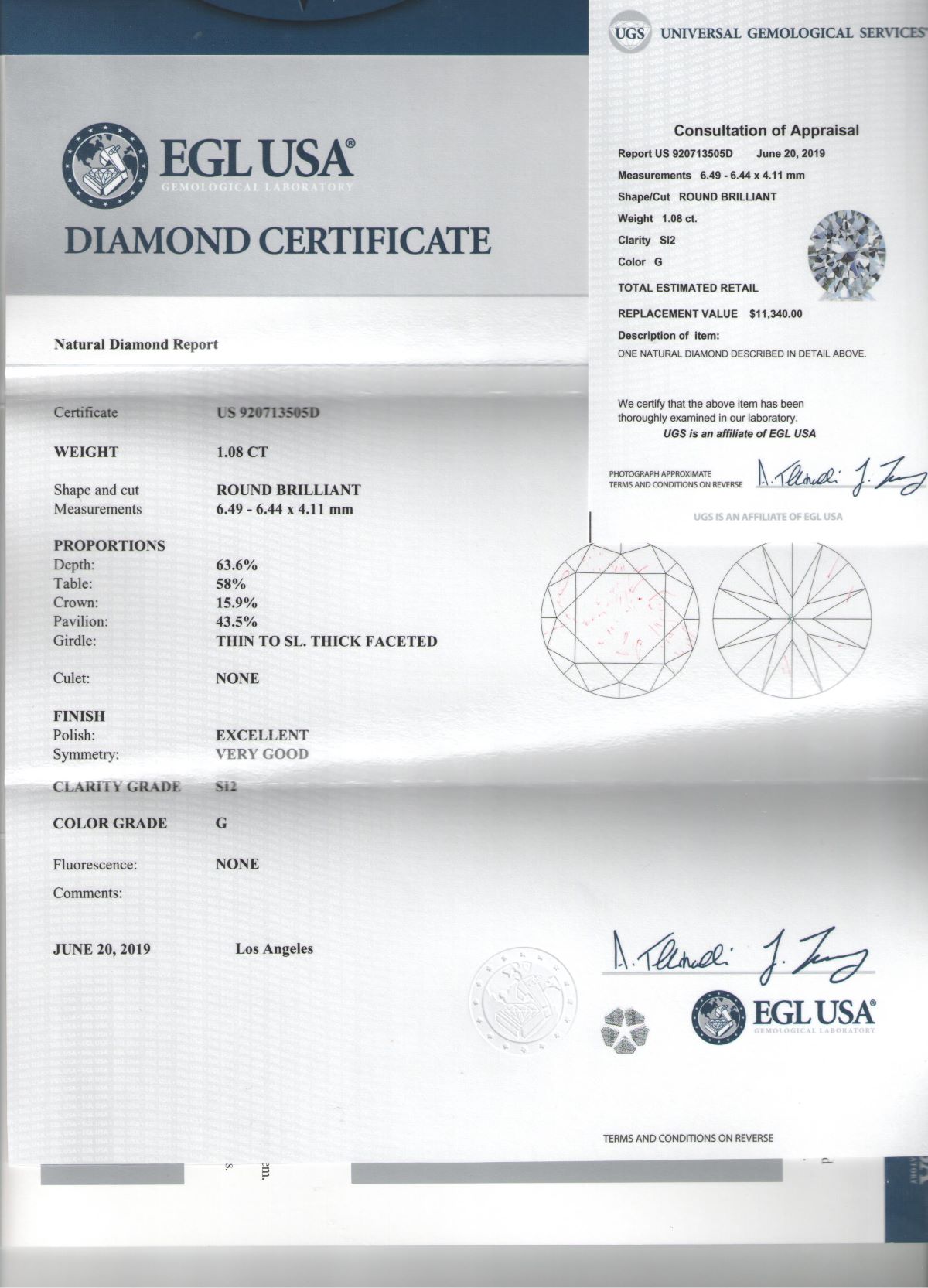 1.08 ct Diamond Round Cut G SI2 (EGLUSA) US920713505D