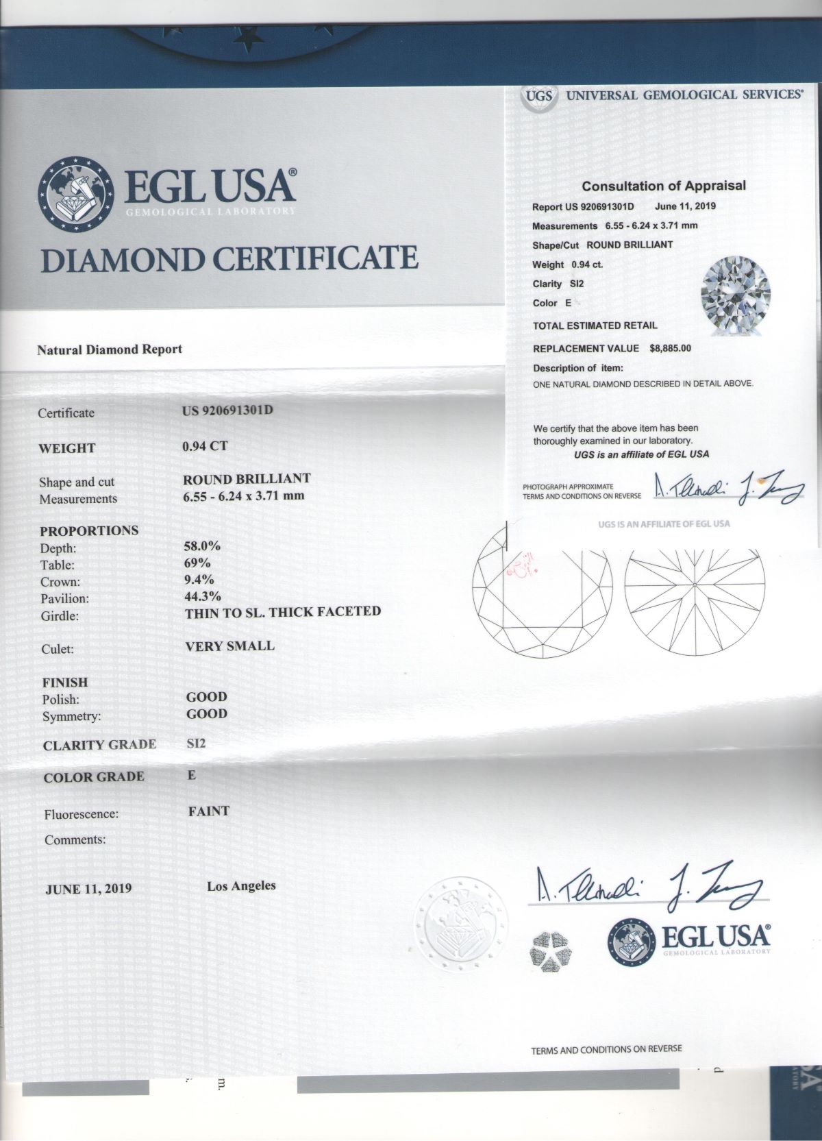 0.94 ct Diamond Round Cut E SI2 (EGLUSA) US920691301D