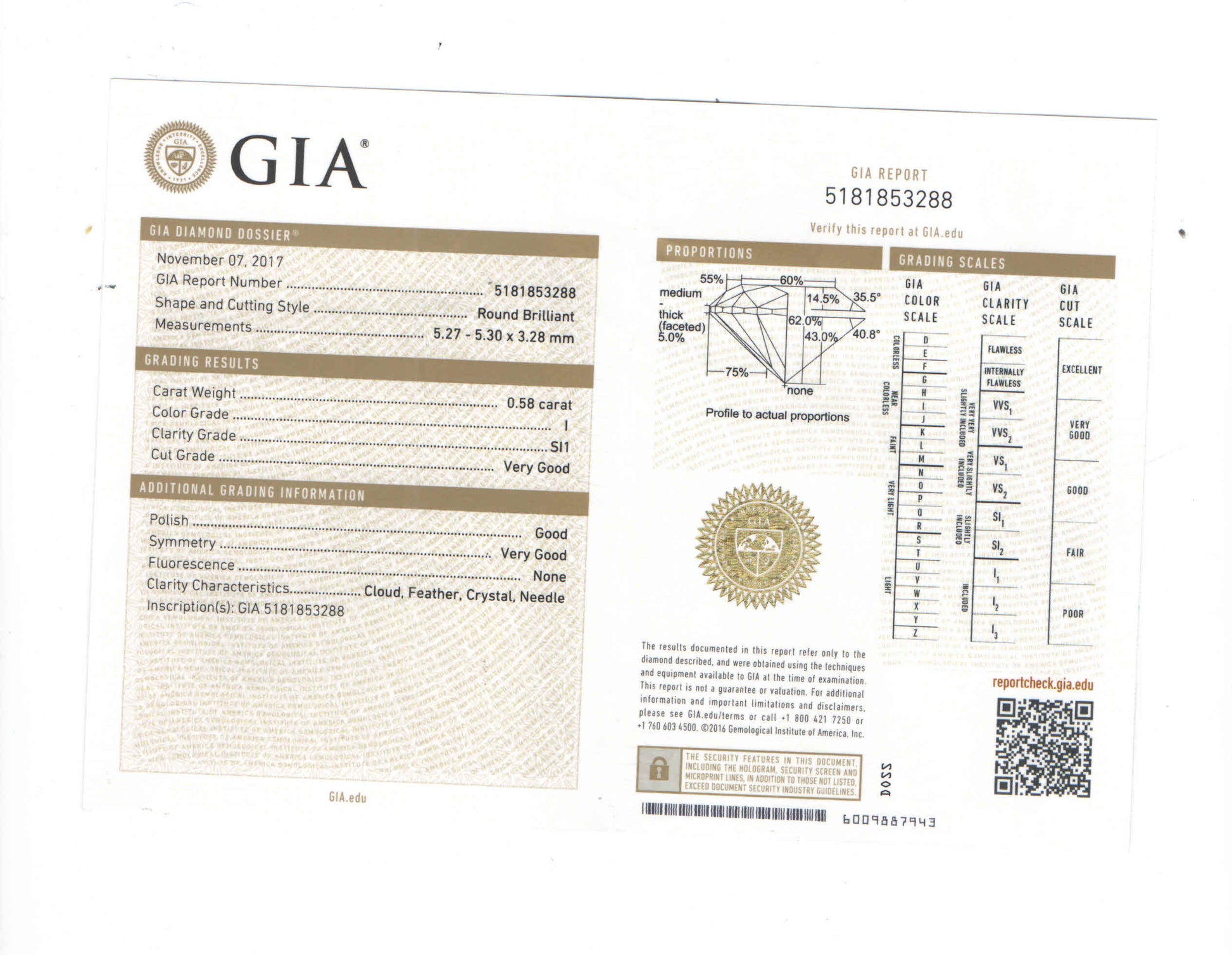 0.58 ct Diamond Round Cut I SI1 (GIA) 5181853288