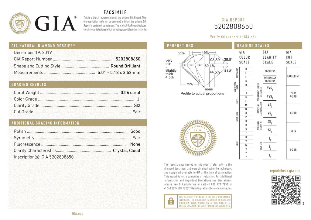 0.56 ct Diamond Round Cut J SI2 (GIA) 5202808650