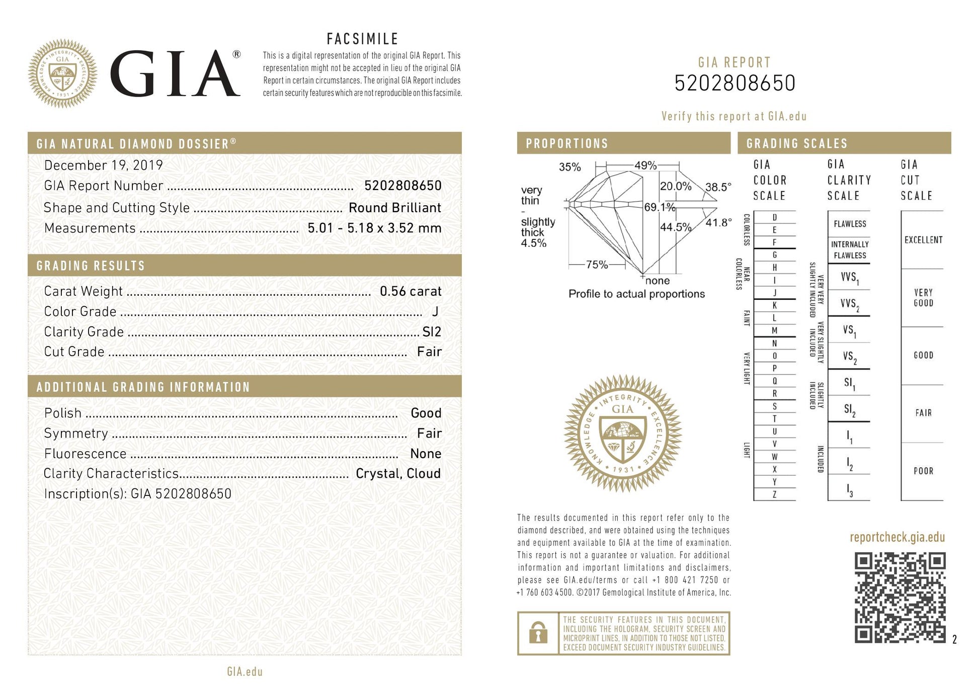 0.56 ct Diamond Round Cut J SI2 (GIA) 5202808650