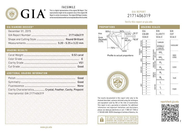 0.52 ct Diamond Round Cut E VS1 (GIA) 2171406319