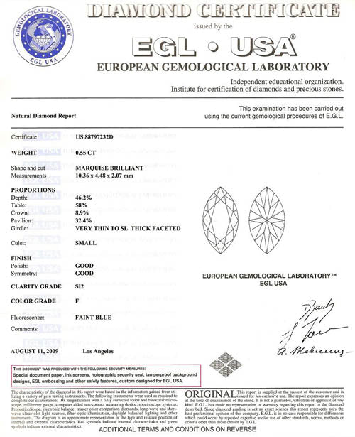 0.55 ct Diamond Marquise Cut F SI2 (EGLUSA) US 88797232D