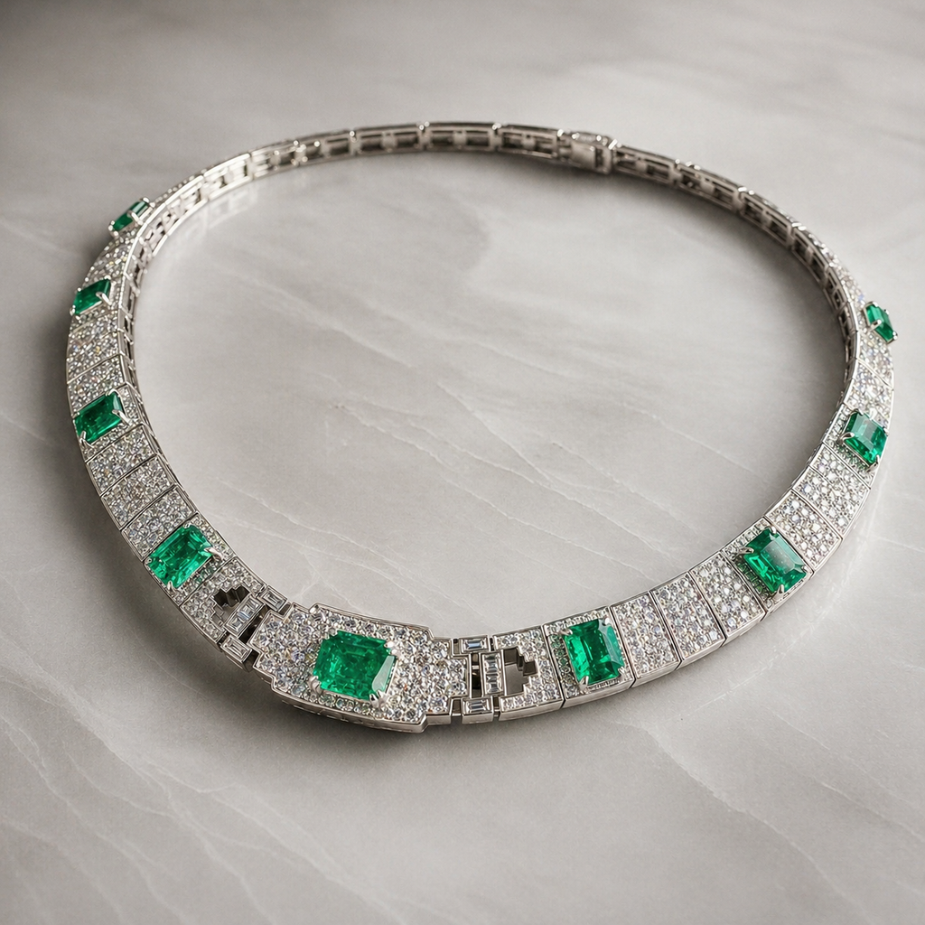 Natural Diamond and Green Emerald Cocktail Platinum Necklace