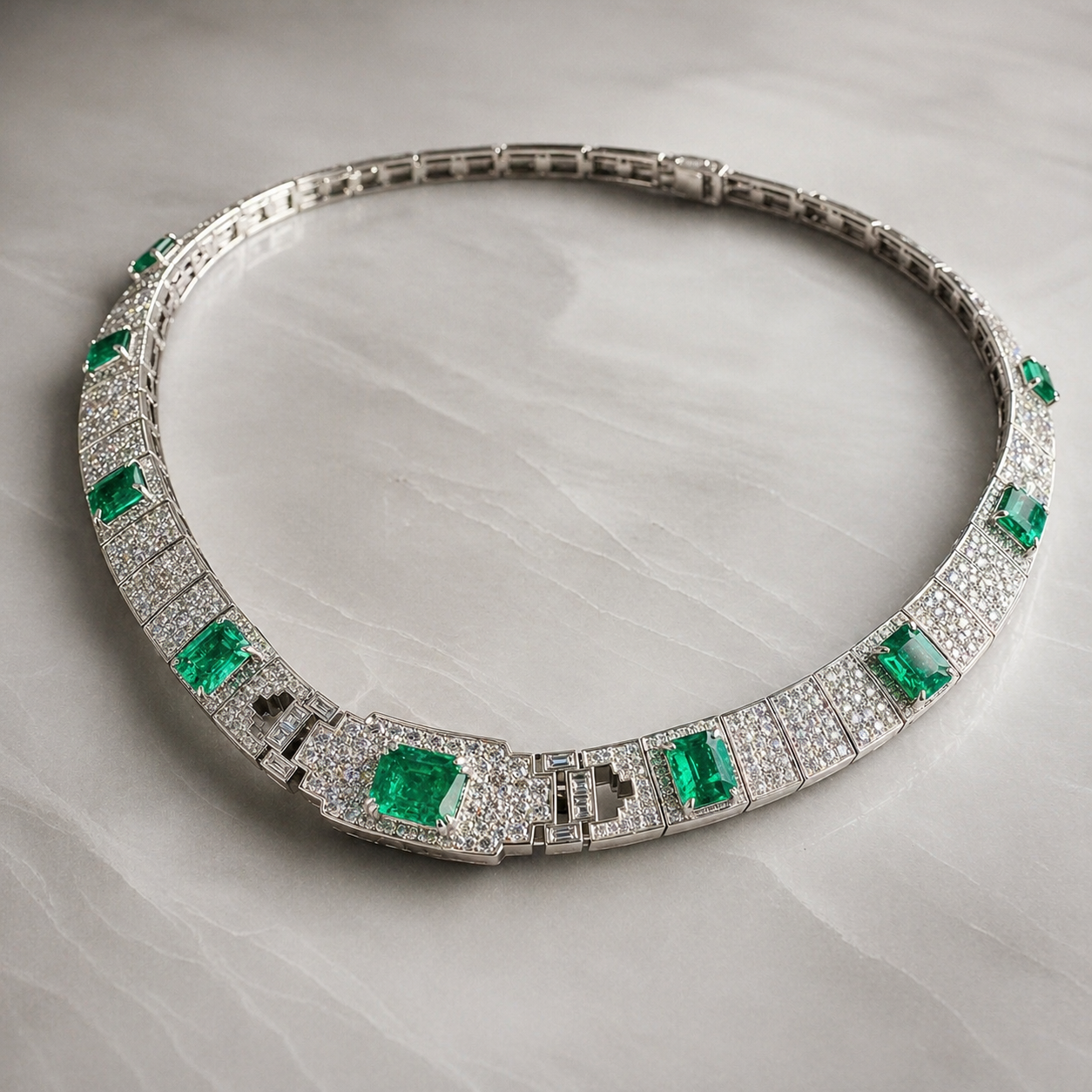 Natural Diamond and Green Emerald Cocktail Platinum Necklace